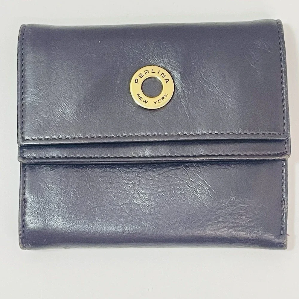 Perlina New York Brown Leather Double Snap Wallet Change Purse Tri-Fold‎ 5
